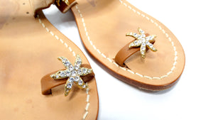 Brown Leather Sandals With Rhinestone Embellished Starfish Accents