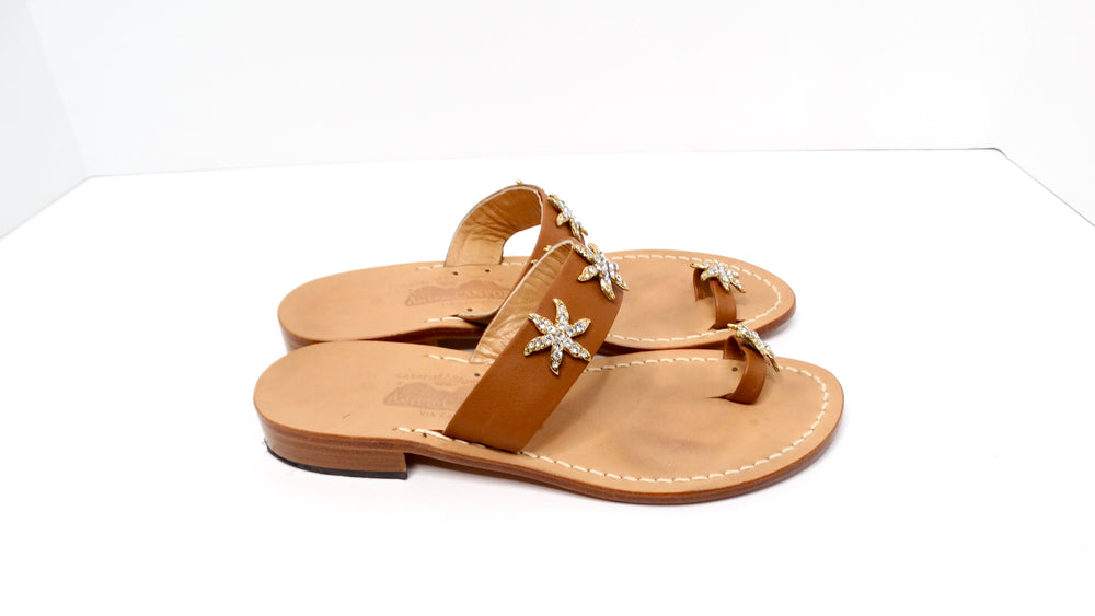 Brown Leather Sandals With Rhinestone Embellished Starfish Accents