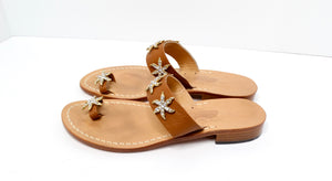 Brown Leather Sandals With Rhinestone Embellished Starfish Accents