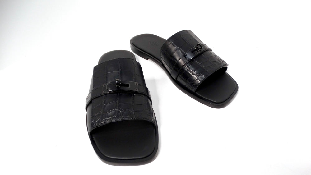 Hermes Mens Made-To-Order Gabriel Black Alligator Leather Slide Sandals