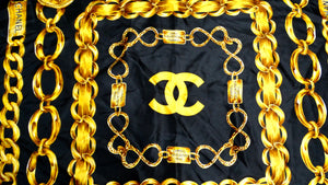 Chanel 1980s Silk Chain Motif Black & Gold Printed Scarf