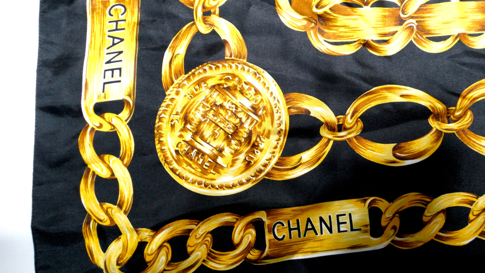 Chanel 1980s Silk Chain Motif Black & Gold Printed Scarf