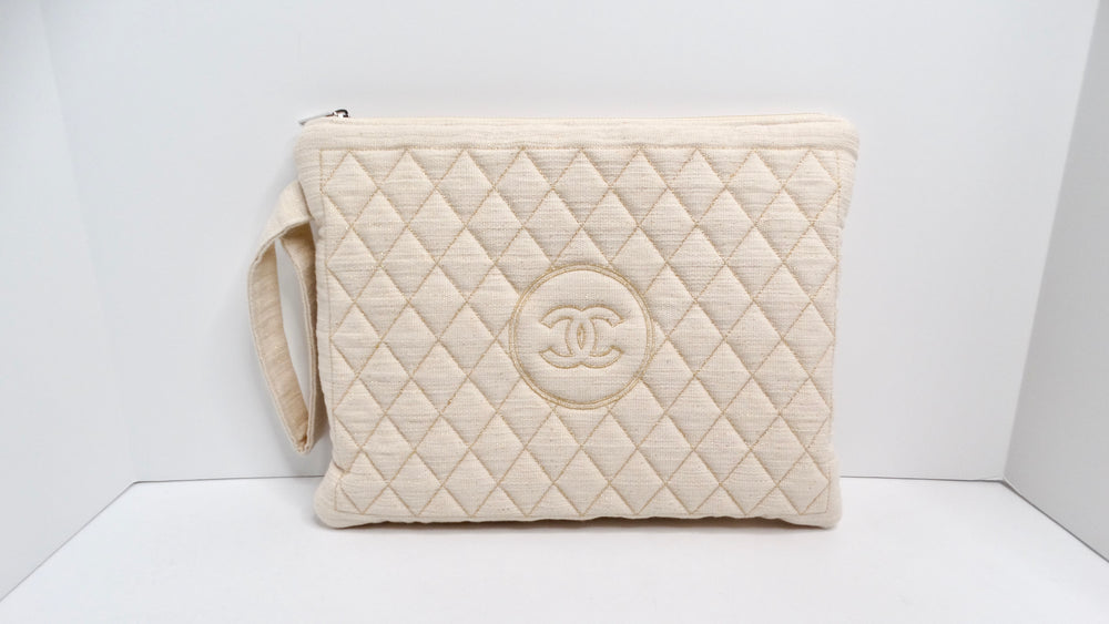 Chanel Cream Quilted Pouch & Cotton Towel Logo 2-Piece Set