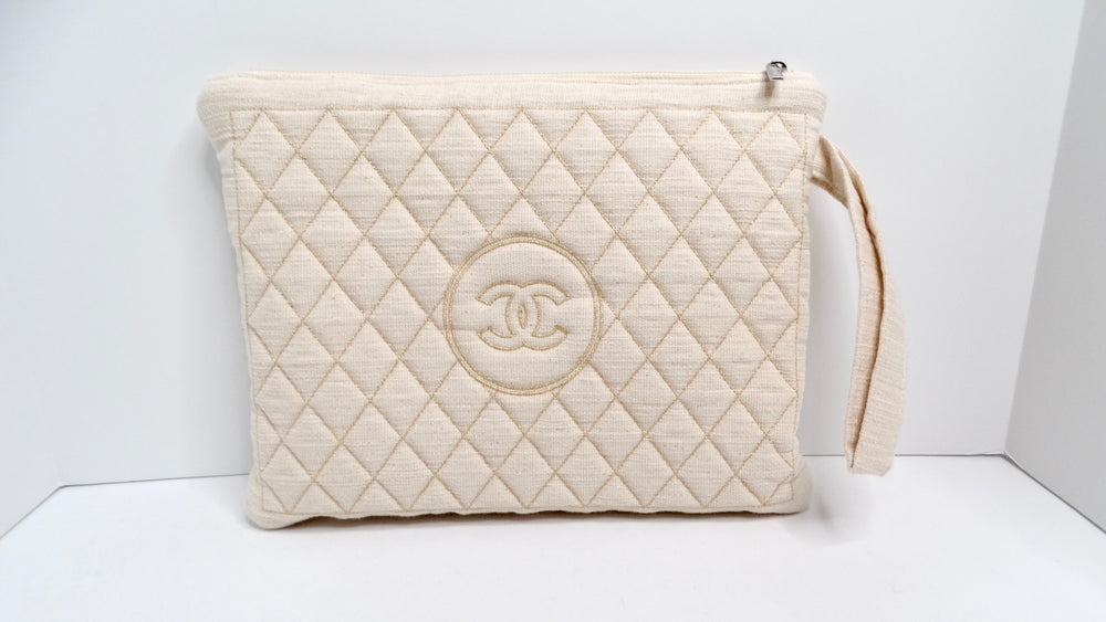 Chanel Cream Quilted Pouch & Cotton Towel Logo 2-Piece Set