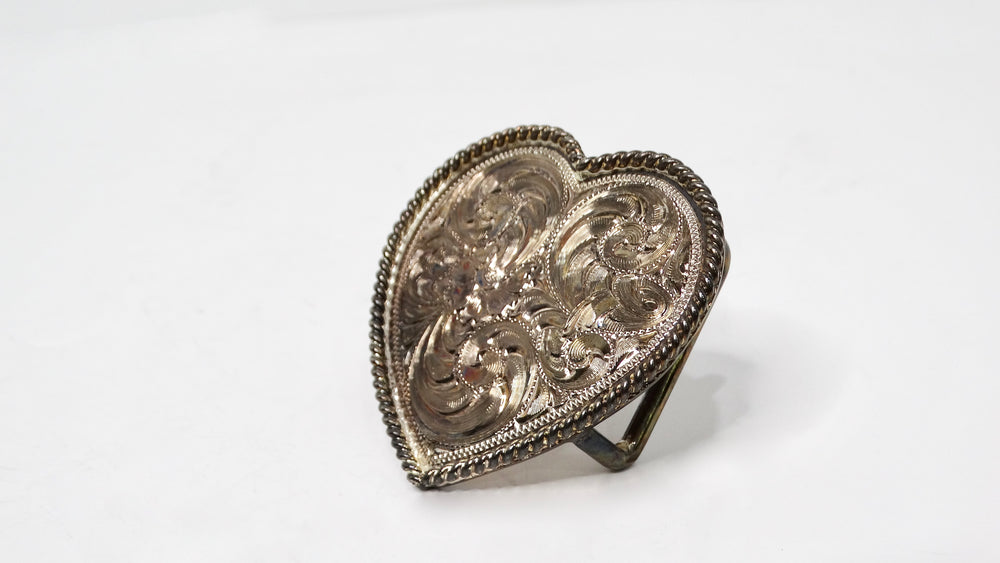 Vintage Handmade Sterling Silver Plated Engraved Heart-Shape Belt Buckle