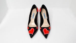 Prada Heart Print Patent Leather Pumps With Heart Shaped Heel