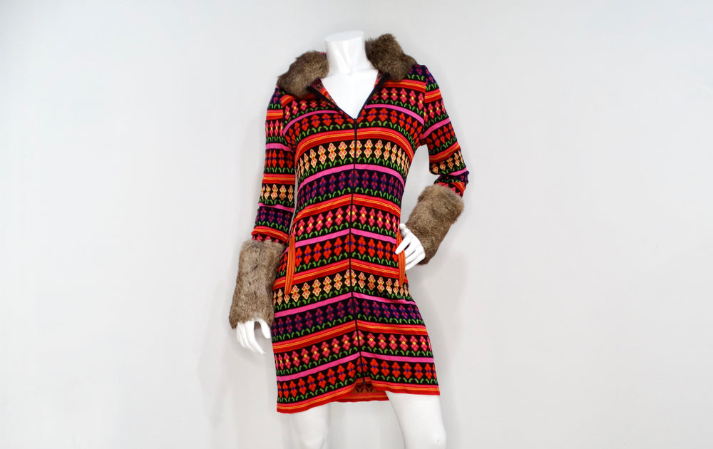 John Galliano Y2K Multicolor Print Hooded Dress With Rabbit Fur Trim