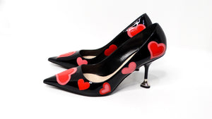 Prada Heart Print Patent Leather Pumps With Heart Shaped Heel