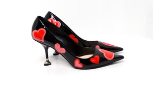 Prada Heart Print Patent Leather Pumps With Heart Shaped Heel