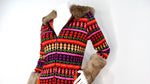 John Galliano Y2K Multicolor Print Hooded Dress With Rabbit Fur Trim