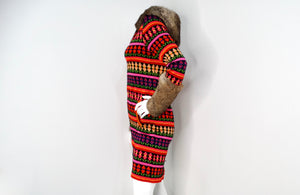 John Galliano Y2K Multicolor Print Hooded Dress With Rabbit Fur Trim