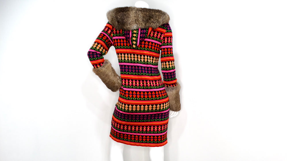 John Galliano Y2K Multicolor Print Hooded Dress With Rabbit Fur Trim