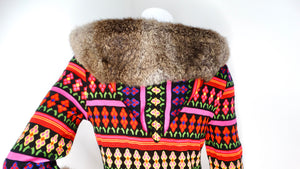 John Galliano Y2K Multicolor Print Hooded Dress With Rabbit Fur Trim