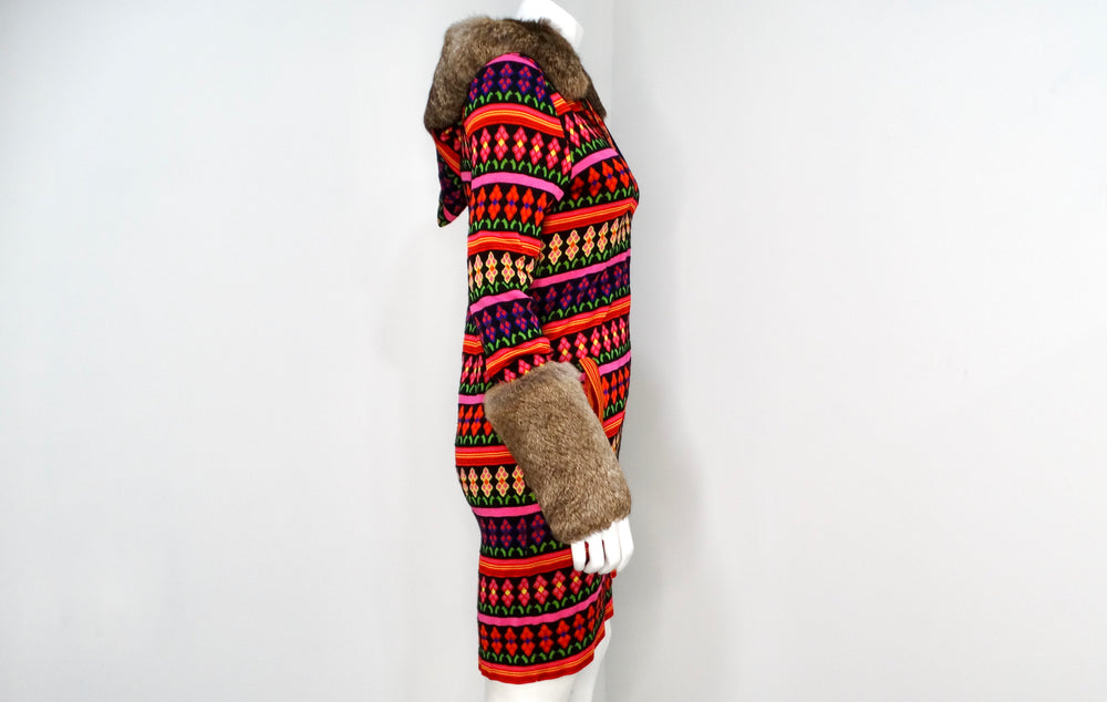 John Galliano Y2K Multicolor Print Hooded Dress With Rabbit Fur Trim