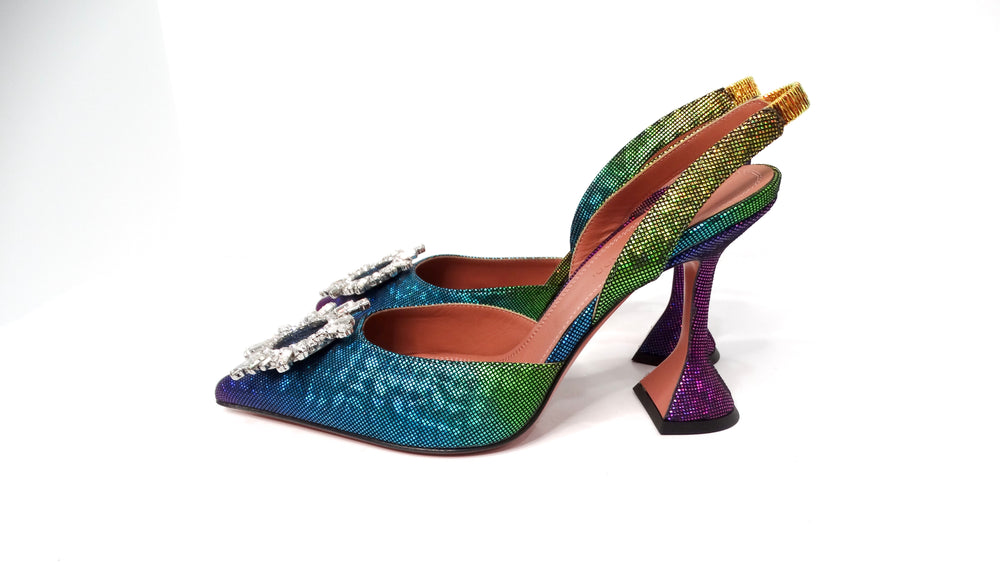 Amina Muaddi Begum Ombre Rainbow Metallic Suede Slingback Pumps