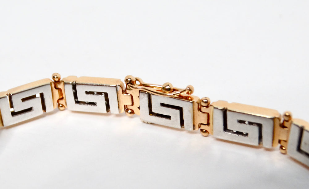 18k Gold Greek Key Two-Tone Link Bracelet With Diamonds