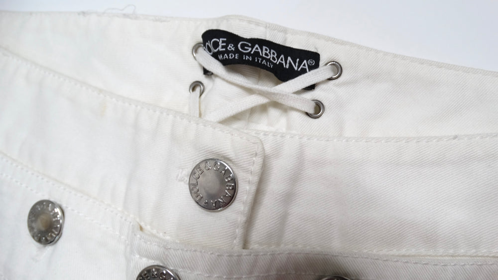 Dolce & Gabbana White Straight Leg Jeans With Button & Lace-Up Details