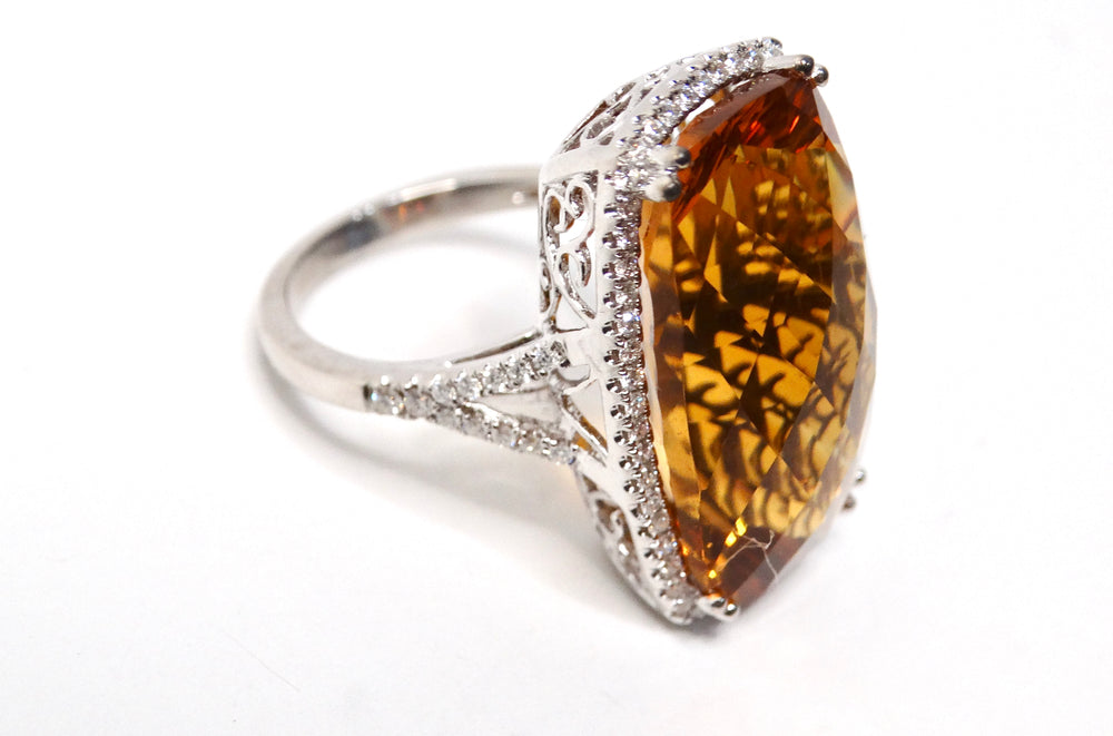 Honey Citrine White Gold  With Diamonds Cocktail Ring