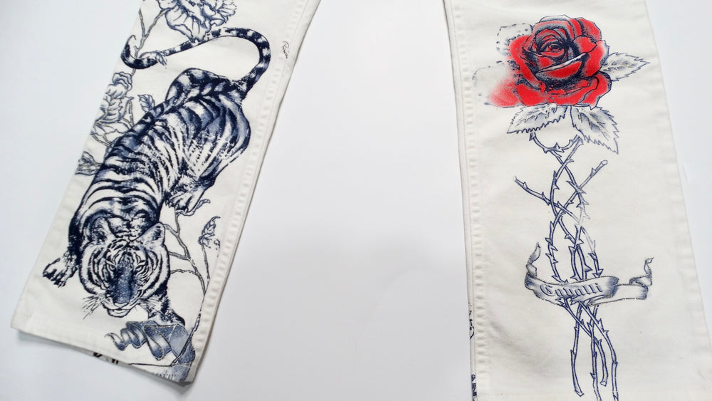 2003 Roberto Cavalli White Tattoo Style Print Jeans