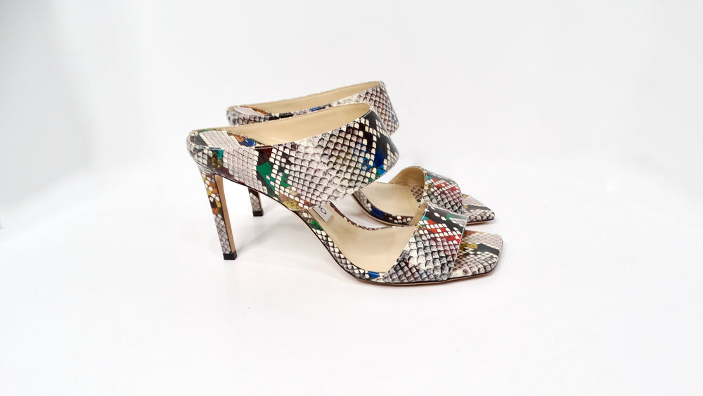 Jimmy Choo Hira Multicolor Snake Print Slide Heel Sandals