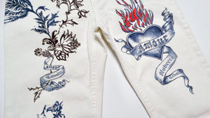 2003 Roberto Cavalli White Tattoo Style Print Jeans