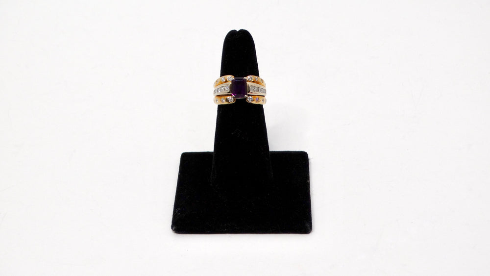 Emerald Cut Amethyst 14k Gold Cocktail Ring With Diamond Accents