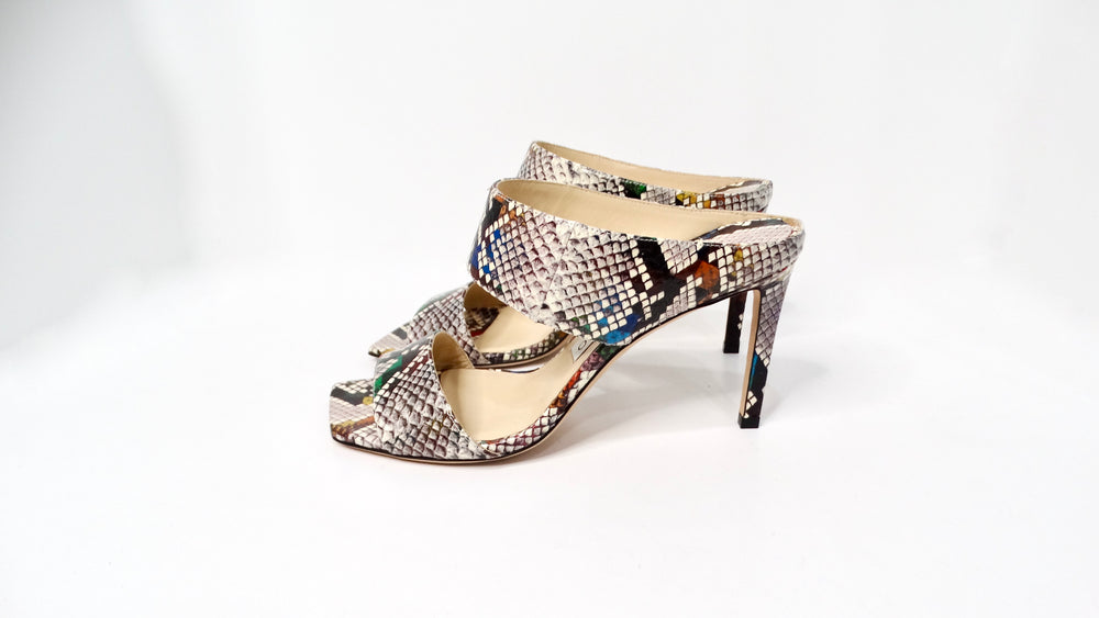 Jimmy Choo Hira Multicolor Snake Print Slide Heel Sandals