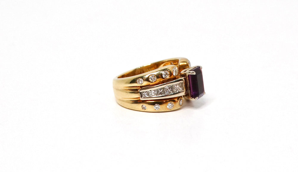 Emerald Cut Amethyst 14k Gold Cocktail Ring With Diamond Accents