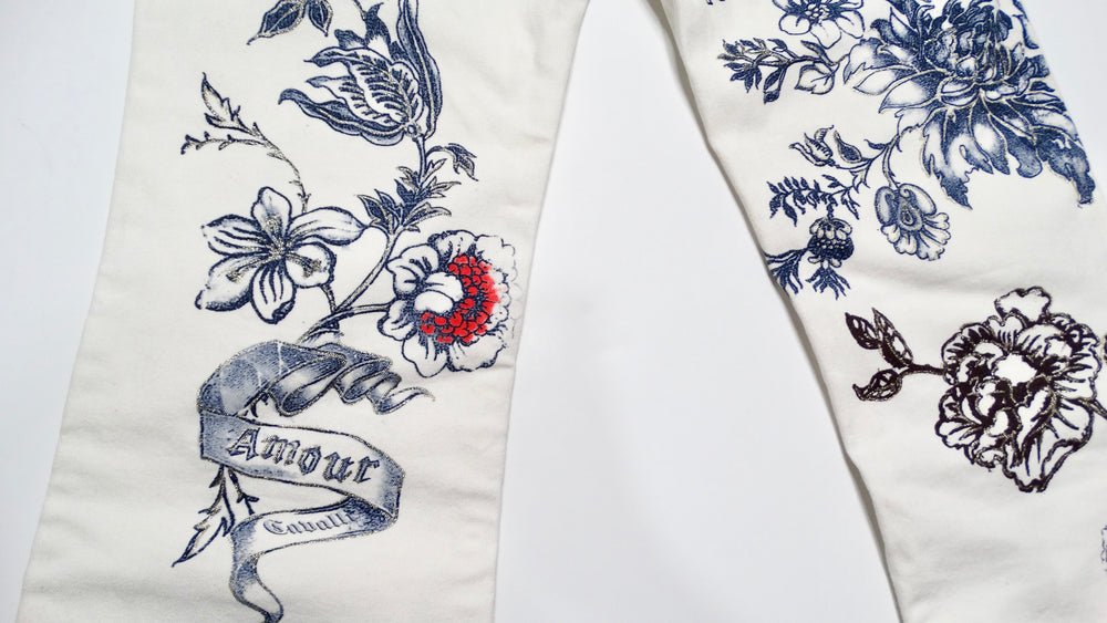 2003 Roberto Cavalli White Tattoo Style Print Jeans