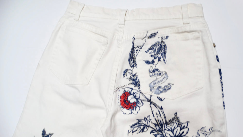 2003 Roberto Cavalli White Tattoo Style Print Jeans