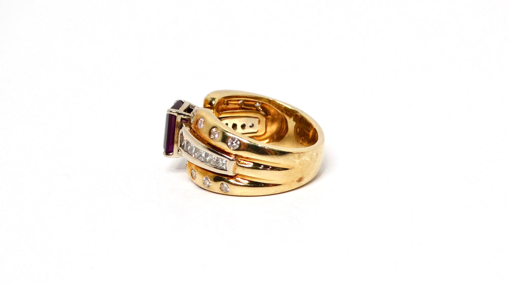 Emerald Cut Amethyst 14k Gold Cocktail Ring With Diamond Accents