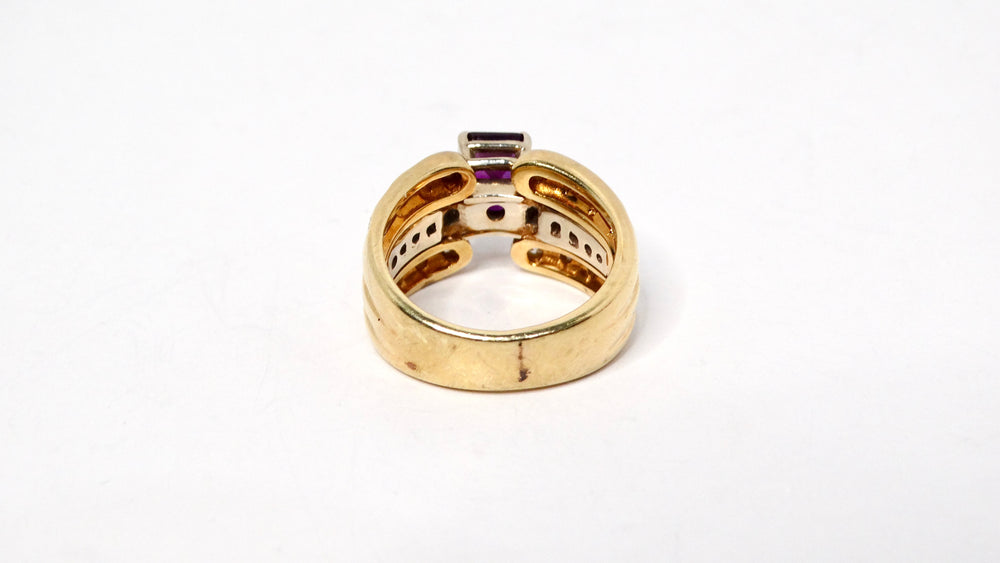 Emerald Cut Amethyst 14k Gold Cocktail Ring With Diamond Accents