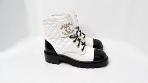 Chanel 2020 White Shiny Goatskin Interlocking CC Logo Combat Boots Vintage by Misty