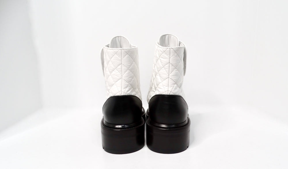 Chanel 2020 White Shiny Goatskin Interlocking CC Logo Combat Boots