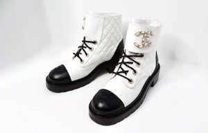 Chanel 2020 White Shiny Goatskin Interlocking CC Logo Combat Boots