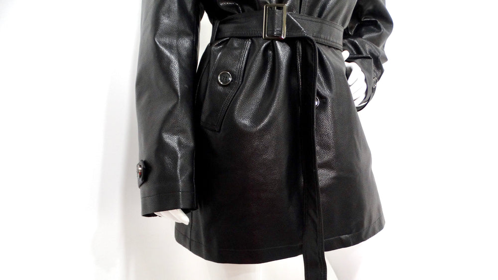 Vintage 1990s Black Leather Trench Mini Dress Jacket With Belt