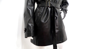 Vintage 1990s Black Leather Trench Mini Dress Jacket With Belt