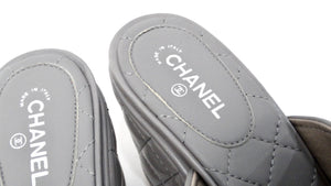 Chanel 2016 Grey Quilted Lambskin Interlocking CC Logo Mule Wedge Slides