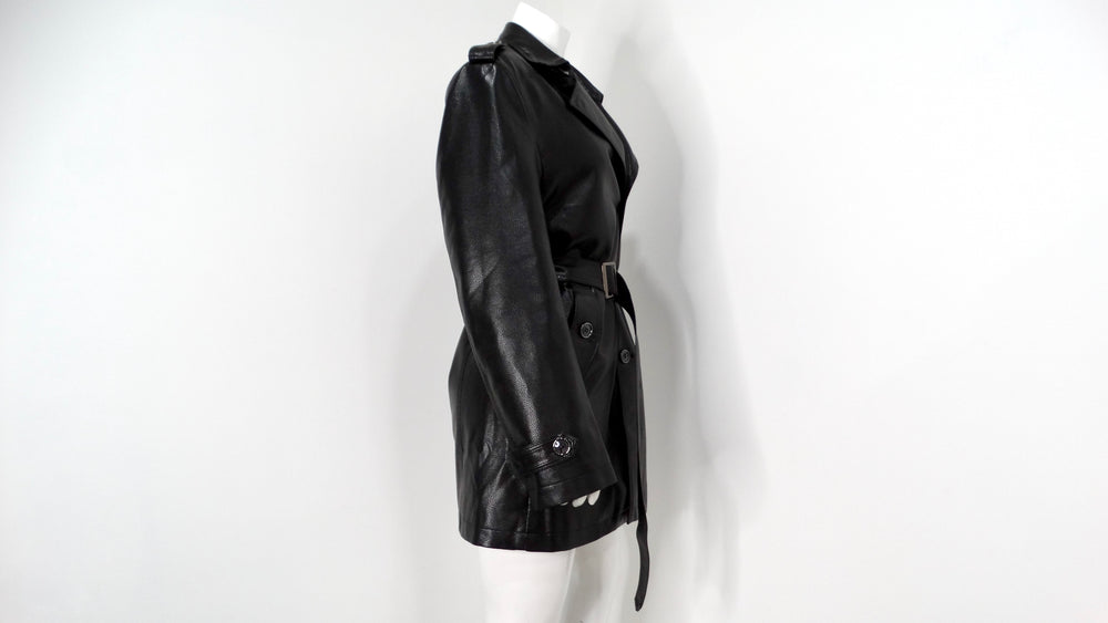 Vintage 1990s Black Leather Trench Mini Dress Jacket With Belt