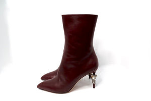 Chanel Burgundy Lambskin Leather Heel Boots With Pearl & Snake Motif