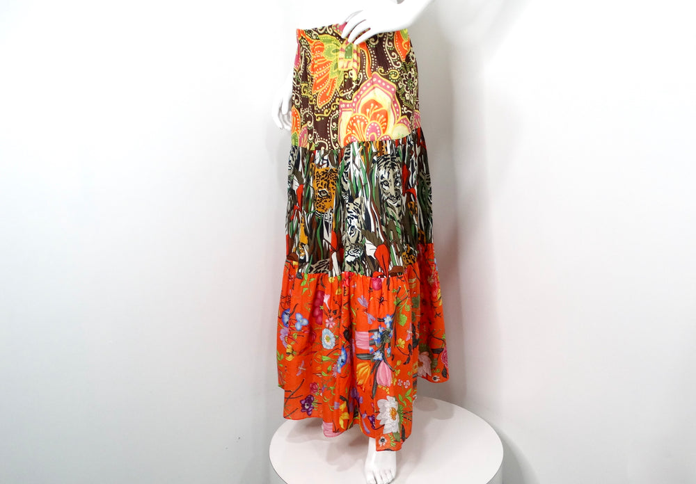 2019 Gucci Orange New India Multicolor Print Cotton Midi Skirt