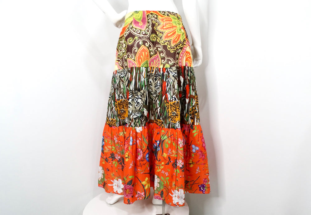 2019 Gucci Orange New India Multicolor Print Cotton Midi Skirt