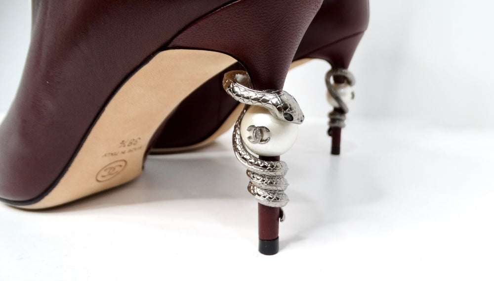 Chanel Burgundy Lambskin Leather Heel Boots with Pearl Snake Motif