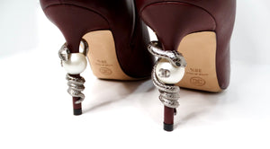 Chanel Burgundy Lambskin Leather Heel Boots With Pearl & Snake Motif