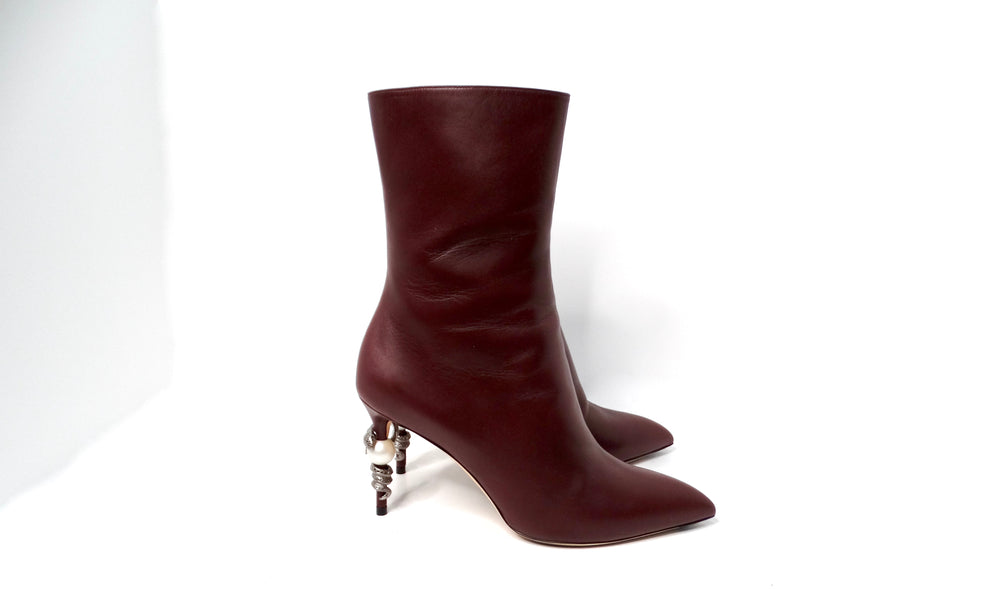 Chanel Burgundy Lambskin Leather Heel Boots With Pearl & Snake Motif