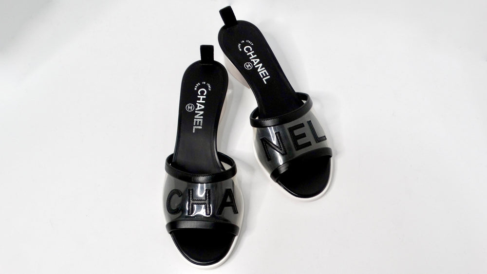 Chanel Black Leather & PVC Slide Sandals With Resin Block Heels