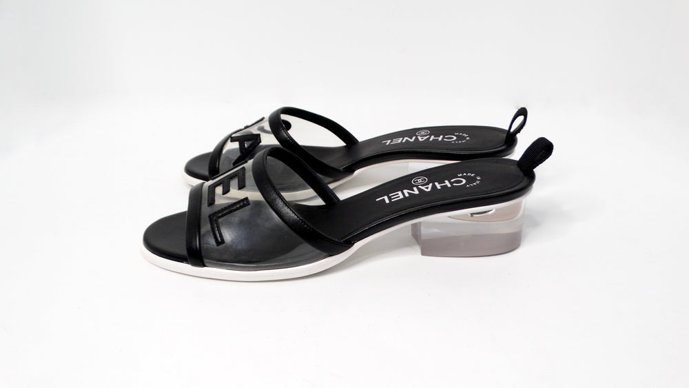 Chanel Black Leather & PVC Slide Sandals With Resin Block Heels