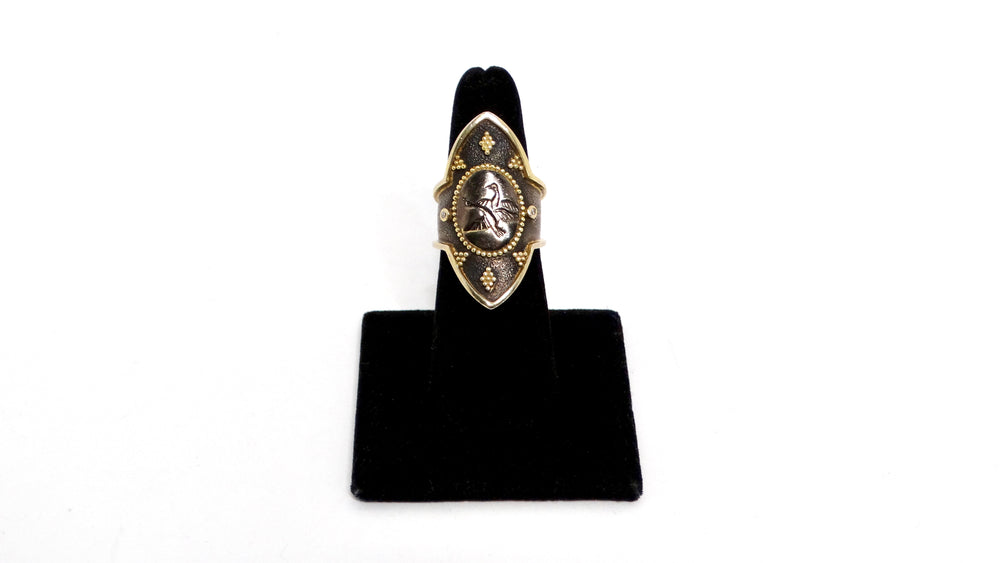 Sterling Silver Dancing Swans Shield Ring With Gold Plated & Diamond Accents