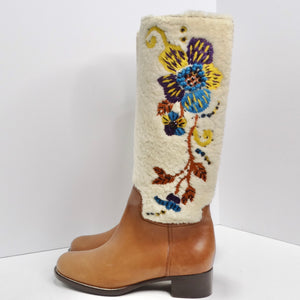 Miu Miu Floral Brown Leather Floral Shearling Riding Boots