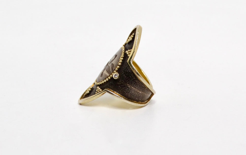 Sterling Silver Dancing Swans Shield Ring With Gold Plated & Diamond Accents